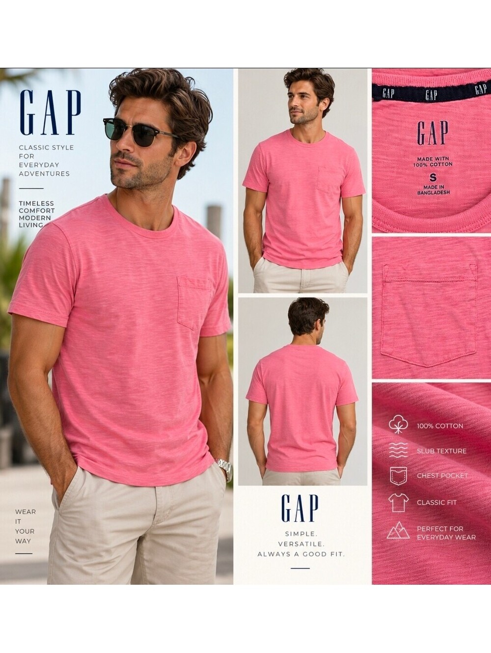 Gap Men’s Small Pink Slub Cotton Pocket T-Shirt Short Sleeve Crew Neck